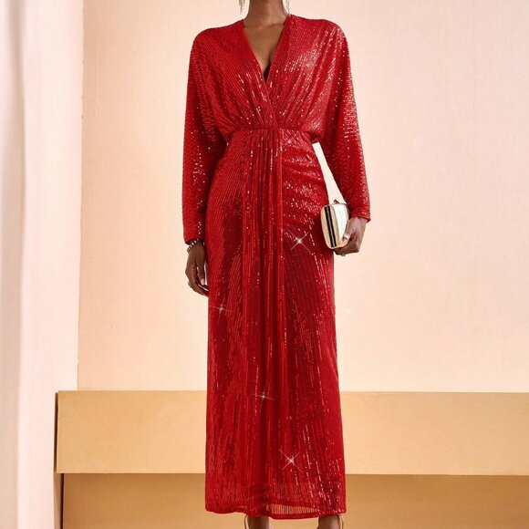 Red Elegant Women's Sequined Beaded Dress - Picture 4 of 7